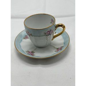 blue &white With Gold Trim tea cup and saucer with pink roses